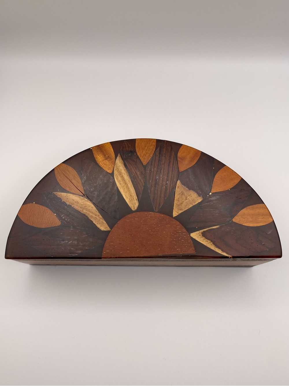 Wooden Sunburst Napkin holder inlaid MCM decor - Brown Sun Motif